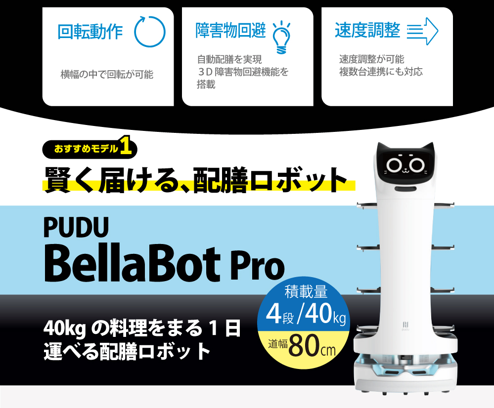 おすすめモデルその1 回転操作 障害物回避 速度調整 賢く届ける配膳ロボット PUDU BellaBot Pro